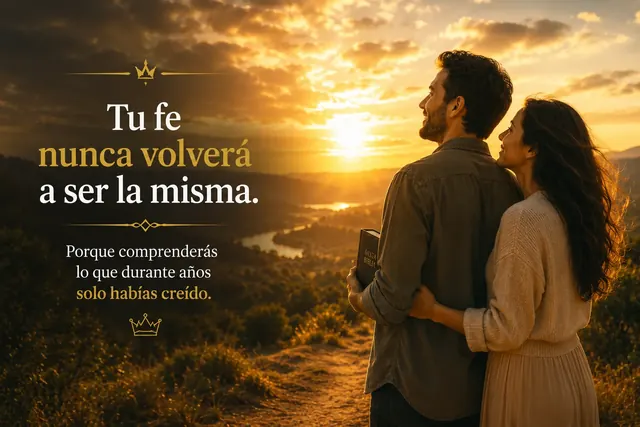 Pareja cristiana mirando el amanecer con una Biblia visible